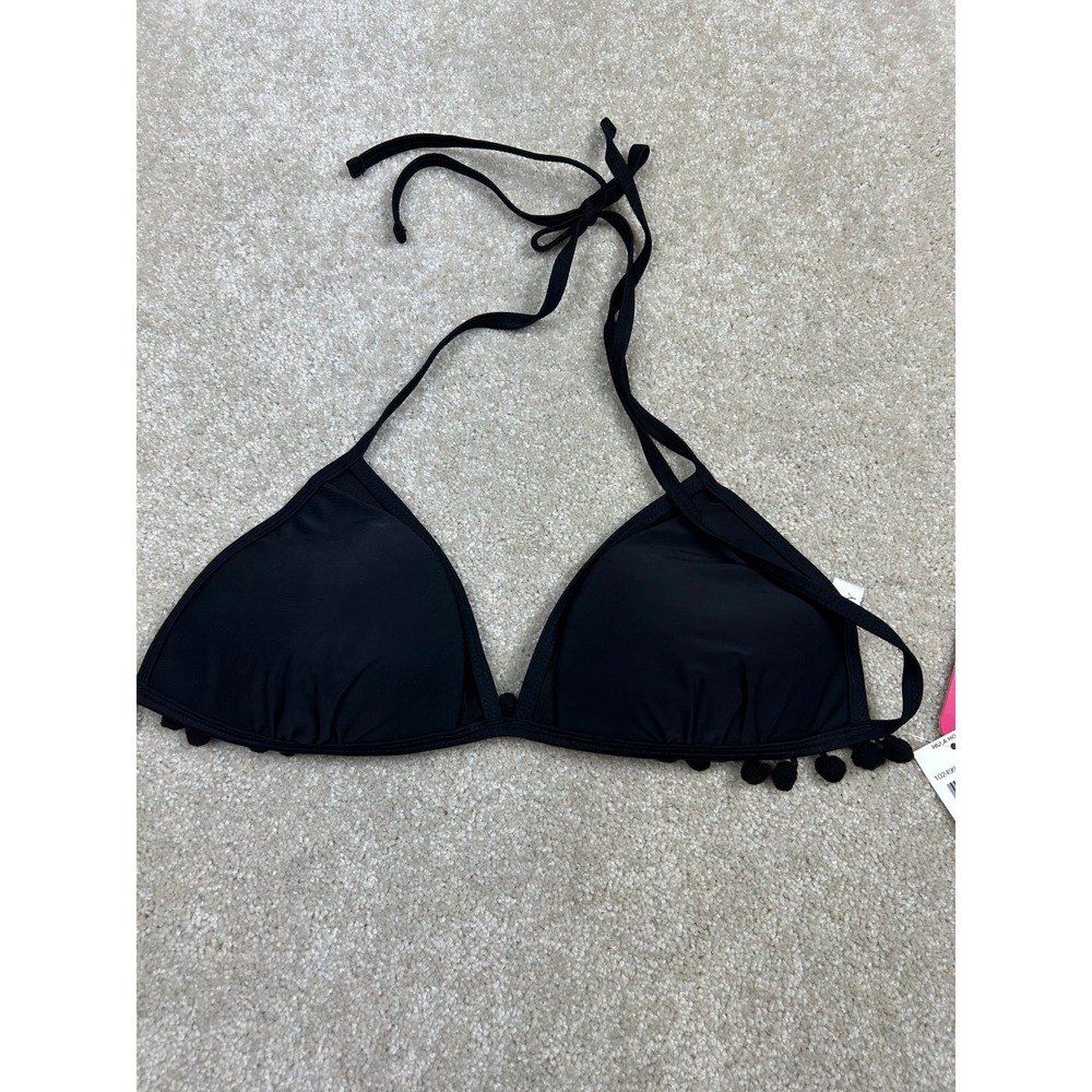 HULA HONEY Women's Black Bikini Swim Top‎ Size L Padded Pom Pom Nylon Spandex